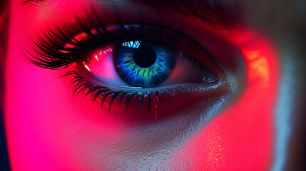 Close Up of a Persons Mystic Blue Eye With Red Light, Neon color