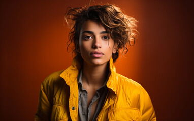 Multiracial Woman in Yellow Jacket Poses for Picture