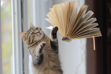 cat leaping up, pawing at a low flying book with open pages