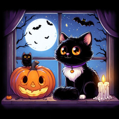 Black cat at the window with a pumpkin, Halloween