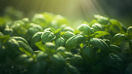 sunlit basil leaves showcasing their texture and vibrant green color