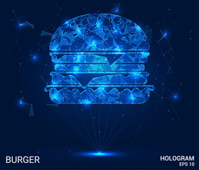 A hologram of a burger. A burger made of polygons, triangles of dots and lines. Burger is a low-poly compound structure. Technology concept vector.