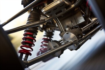 closeup of a race car suspension system in motion