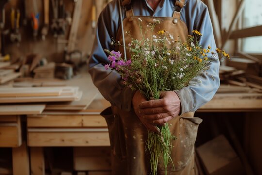 carpenter dogman holding a bunch of wildflowers in a woodshop