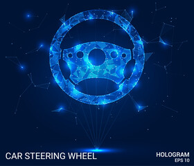 A hologram of a car steering wheel. The steering wheel of the car consists of polygons, triangles of dots and lines. The steering wheel of the car has a low-poly connection structure.