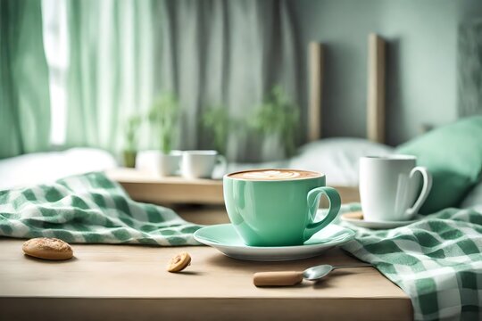 Cup with cappuccino, doughnutt, green pastel giant plaid, bedroom, morning concept