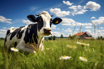  cow on green grass with blue sky
