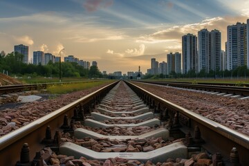on railway tracks with cityscape behind