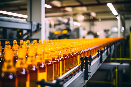  Conveyor belt with bottles for juice or water at a modern beverage plant