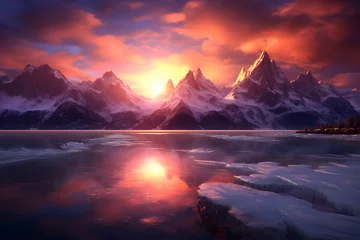 Poster  Beautiful mountains sunset. Wildlife, Alps, sky. © darshika