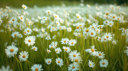 An enchanting landscape showcasing a field of daisies swaying in the gentle breeze