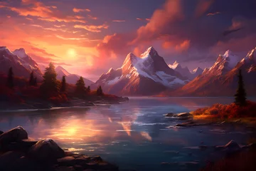 Schilderijen op glas Ai genarative Beautiful mountains sunset. Wildlife, Alps, sky. © darshika