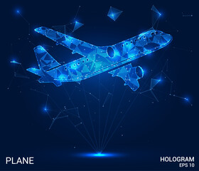 A hologram of an airplane. Aviation consists of polygons, triangles of points and lines. The plane is a low-poly compound structure. Technology concept vector.