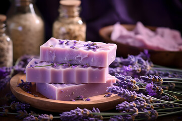 Obraz na płótnie Canvas Handmade soap bars. Homemade Soap with Lavender Flowers