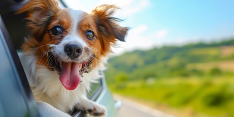 Joyful Dog Enjoying Car Ride.
Energetic dog with head out of a moving car, wind in the fur.