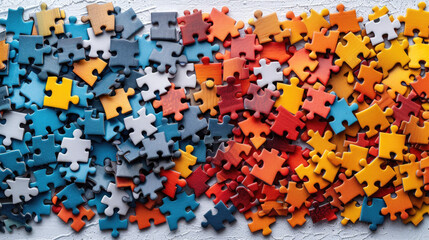 A pile of jigsaw puzzle pieces over the entire frame. A background image of scattered colorful puzzle pieces
