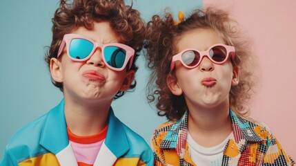 Obraz premium Two young children with curly hair wearing oversized pink sunglasses making playful faces with one child pouting and the other puckering their lips set against a vibrant blue and pink background.