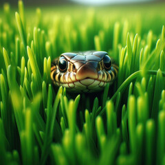 A snake in the green grass, cute with branches