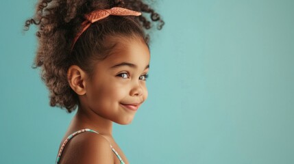 A young girl with curly hair wearing a colorful headband smiling at the camera with a joyful...