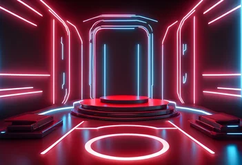 Rolgordijnen Sci Fi Futuristic Podium. Futuristic Stage neon. 3D © Hassan Rehman