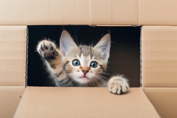 kitten with one paw up, peeking out of a cardboard box