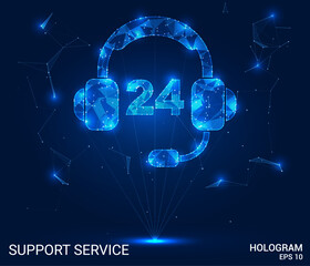 Hologram Support Service. The 24-hour support service consists of polygons, triangles of dots and lines. Headphones with a microphone have a low-poly connection structure. Technology concept vector.