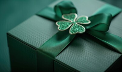 Saint Patrick's day holiday green gift box with shamrock decoration. Closeup view.