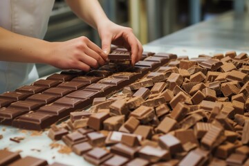 person inspecting quality of chocolate pieces