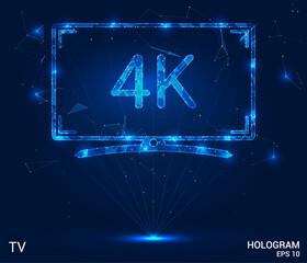 A hologram TV. A high-definition TV made of polygons, triangles of dots and lines. 4K TV low-poly connection structure. Technology concept vector.