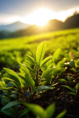 Fototapeta premium Close up of Green tea leaf in the morning, tea plantation. Green tea bud and leaves.