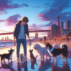 Man, woman playing with dogs on the beach, illustration, beautiful