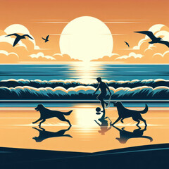 Man, woman playing with dogs on the beach, illustration