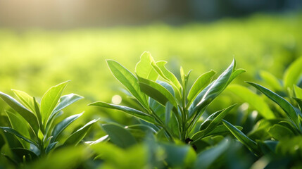 Obraz premium Close up of Green tea leaf in the morning, tea plantation. Green tea bud and leaves.