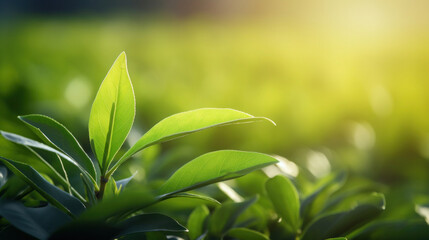 Fototapeta premium Close up of Green tea leaf in the morning, tea plantation. Green tea bud and leaves.