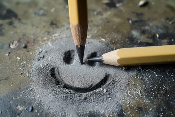 pencil tip drawing a smiley in floor dust