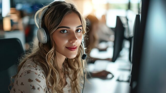 Woman in headphones working from call centre as customer support operator.