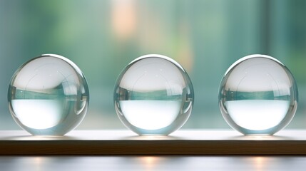 Three Glass Balls on Wooden Table. Background, copy space.
