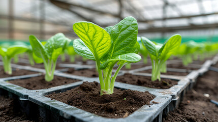 Young Lettuce Plants Growing in Greenhouse, sustainable agriculture.