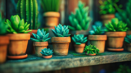 Assortment of small cacti and succulents in pots, showcasing the beauty of desert flora in a modern home gardening setting