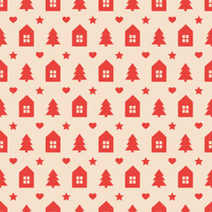 Seamless pattern with red Christmas trees and houses