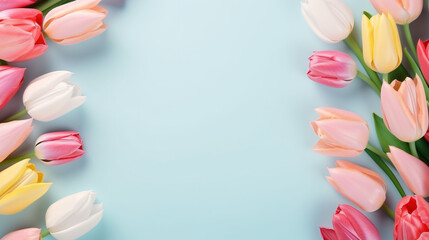 Frame of pastel colored paper tulip flowers