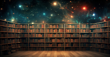 Enchanting Library With Wooden Shelves Under a Cosmic Sky Illustration. Dreamscape wallpaper. World Book Night. - obrazy, fototapety, plakaty
