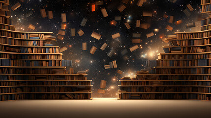 Majestic Library With Books Levitating in a Mysterious Cosmic Space. Dreamscape wallpaper. World Book Night.
