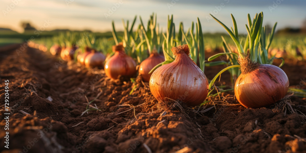 Wall mural onions on ground in the farm.