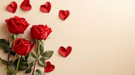 Lying on a light background are three red roses and paper red hearts.Valentine's Day banner with space for your own content.
