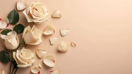 Lying on a light background are three white roses and paper white hearts.Valentine's Day banner with space for your own content.