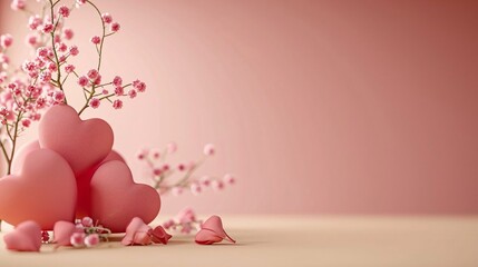 Elegantly arranged pink hearts with and pink small flowers on the left side on a light background.Valentine's Day banner with space for your own content.