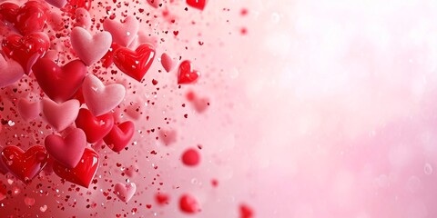 Red and pink hearts and small confetti pink background.Valentine's Day banner with space for your own content.