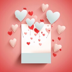 White card, letter, around pink white red hearts, so much they background. Valentine's Day as a day symbol of affection and love.
