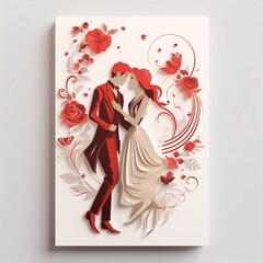 Valentine's Day card with a couple in love kissing all around red flowers heart. Valentine's Day as a day symbol of affection and love.